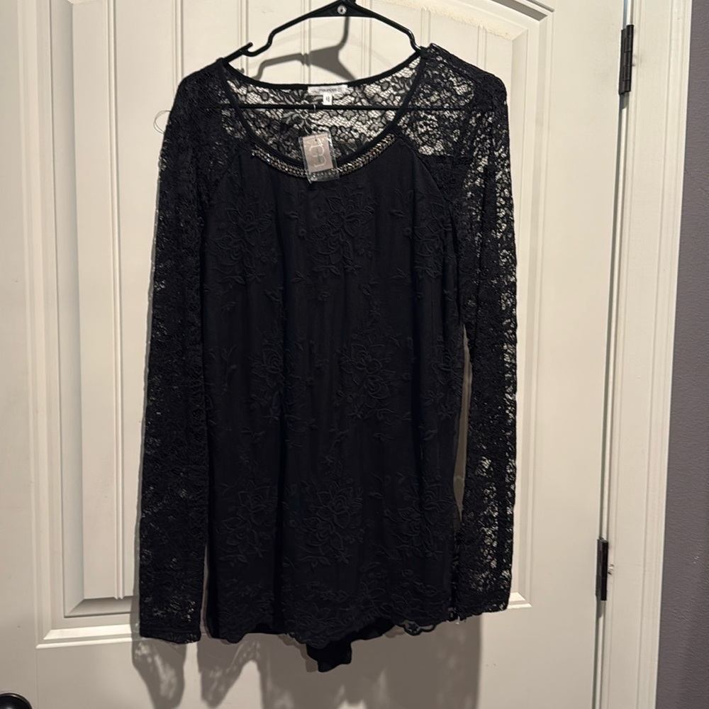 Maurices black lace back long sleeve top beaded detail button back
